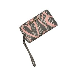 Vintage women Betsey Johnson Wristlet Wallet Gray Pink Hearts Zip Around Clutch